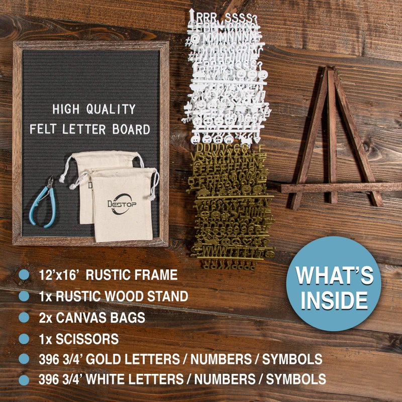 Destop Felt Letter Board with Rustic Vintage Frame and Stand 12x16 inch,Grey Changeable Letter and Message Board Includes 792 Letters, Numbers and Symbols, Hook to Hang, 2 Canvas Bags - Image 2